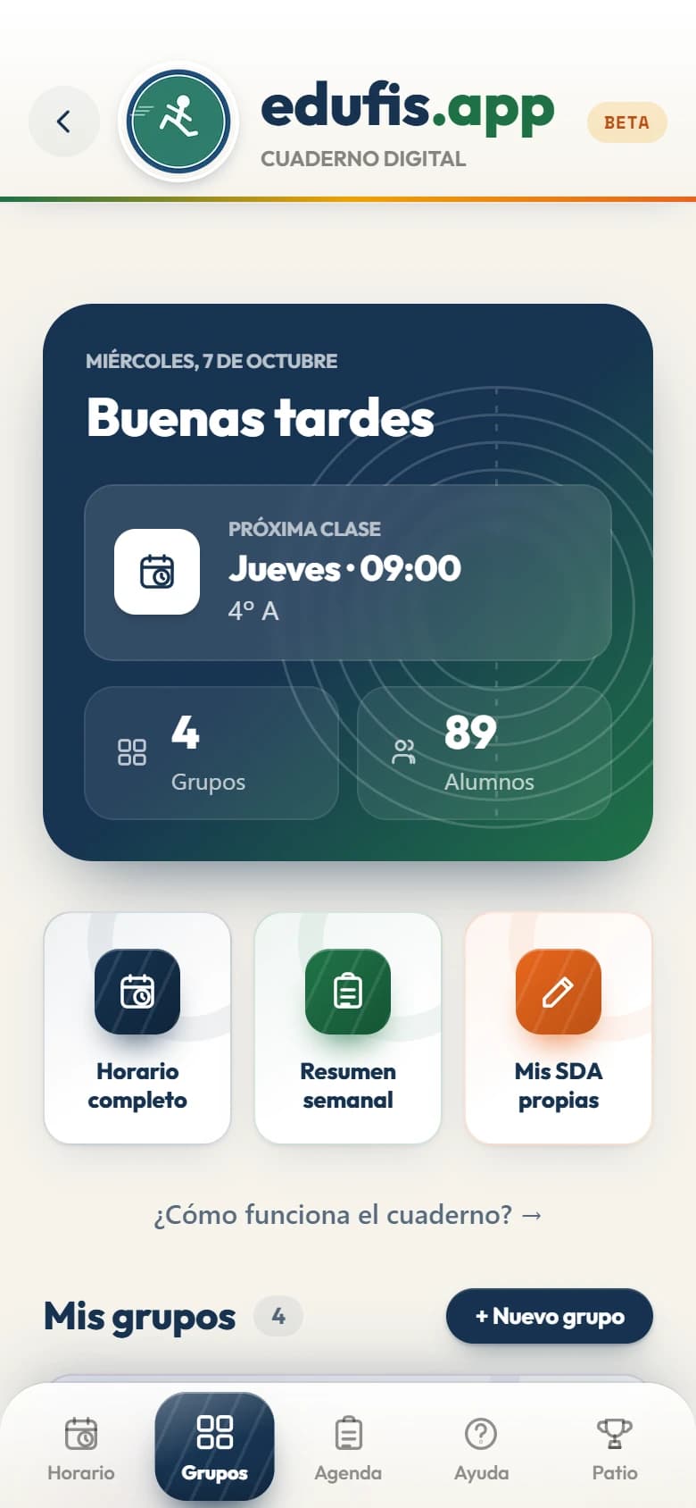 Portada del cuaderno con tus grupos y la próxima clase