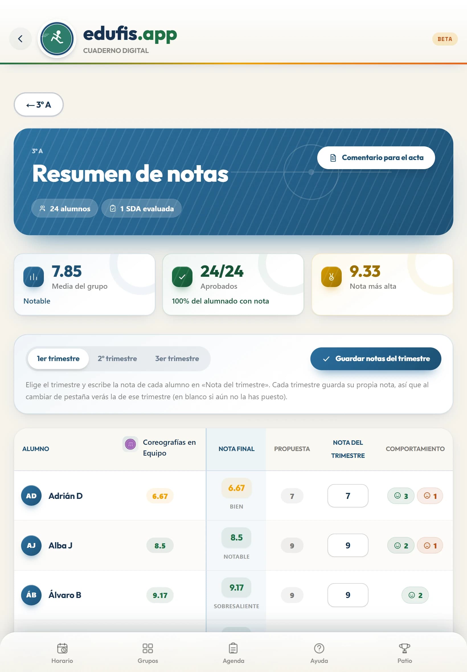 Resumen de notas del cuaderno digital de EduFis.app en una tableta