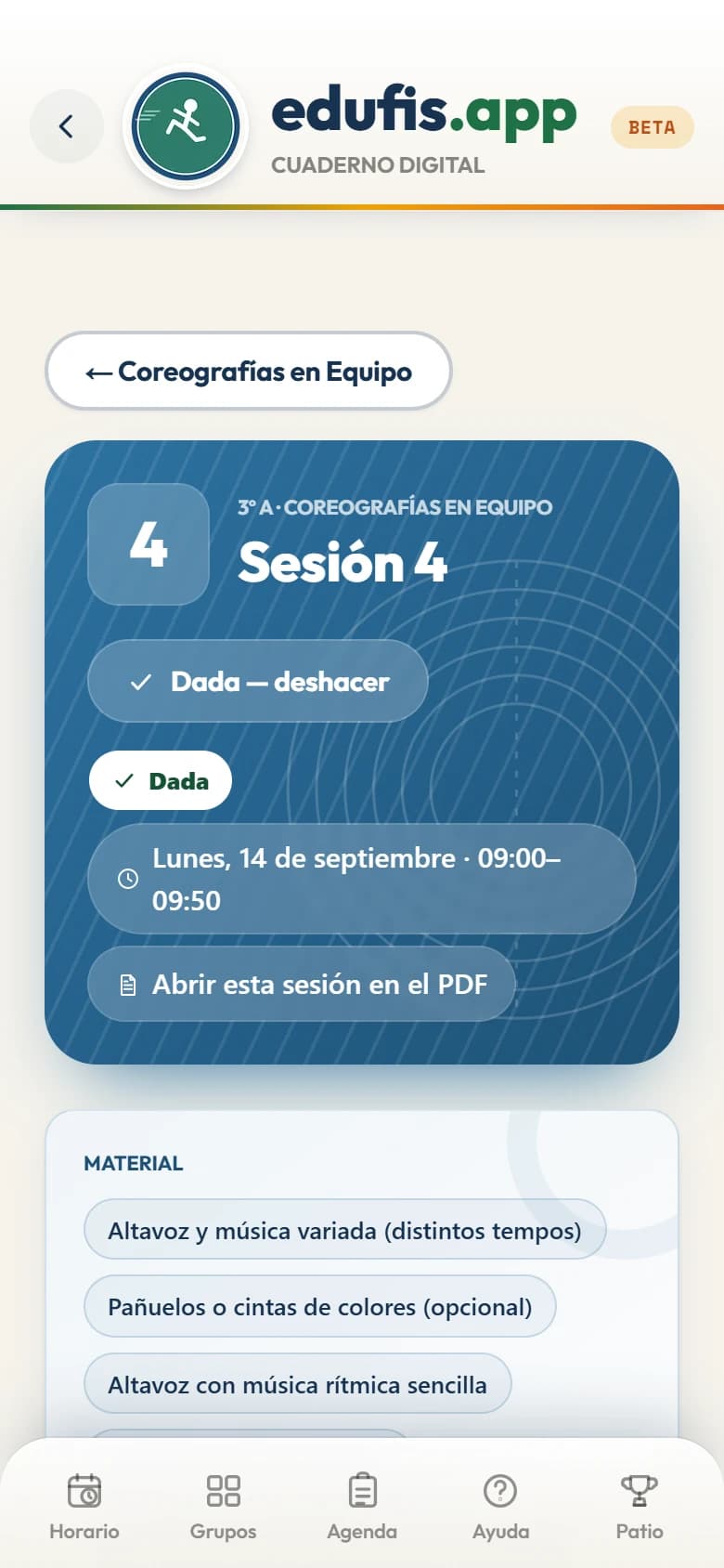 Sesión de una situación de aprendizaje en el cuaderno digital de EduFis.app en un móvil
