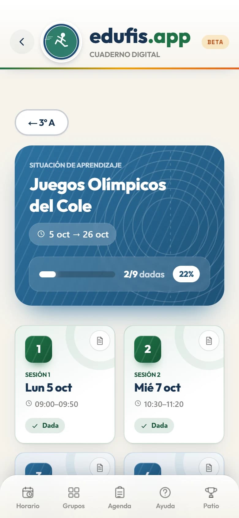 Pantalla de una situación de aprendizaje con sus sesiones